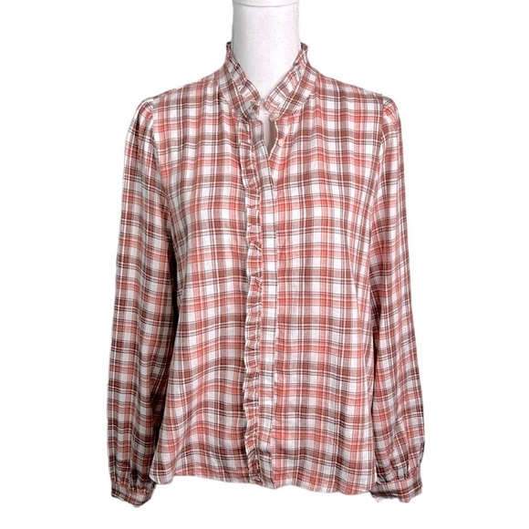 LOFT Tops - LOFT Plaid Button Down Long Sleeve Ruffle Trim Top Size Small New with Tags!